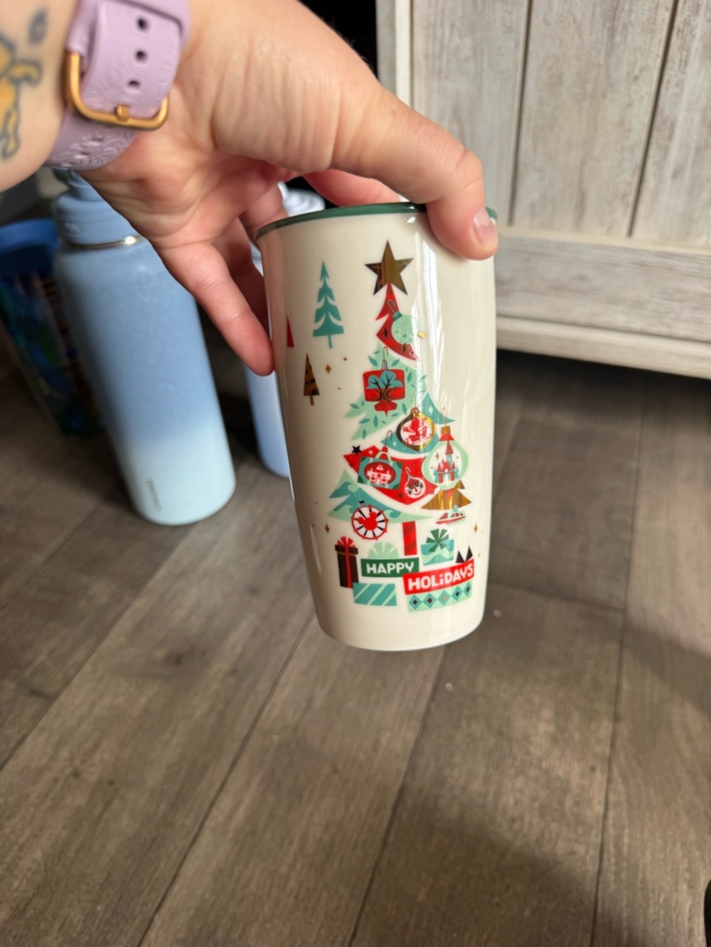 Disney Starbucks Cream Travel Mug with Green, Red & Teal Holiday Tree